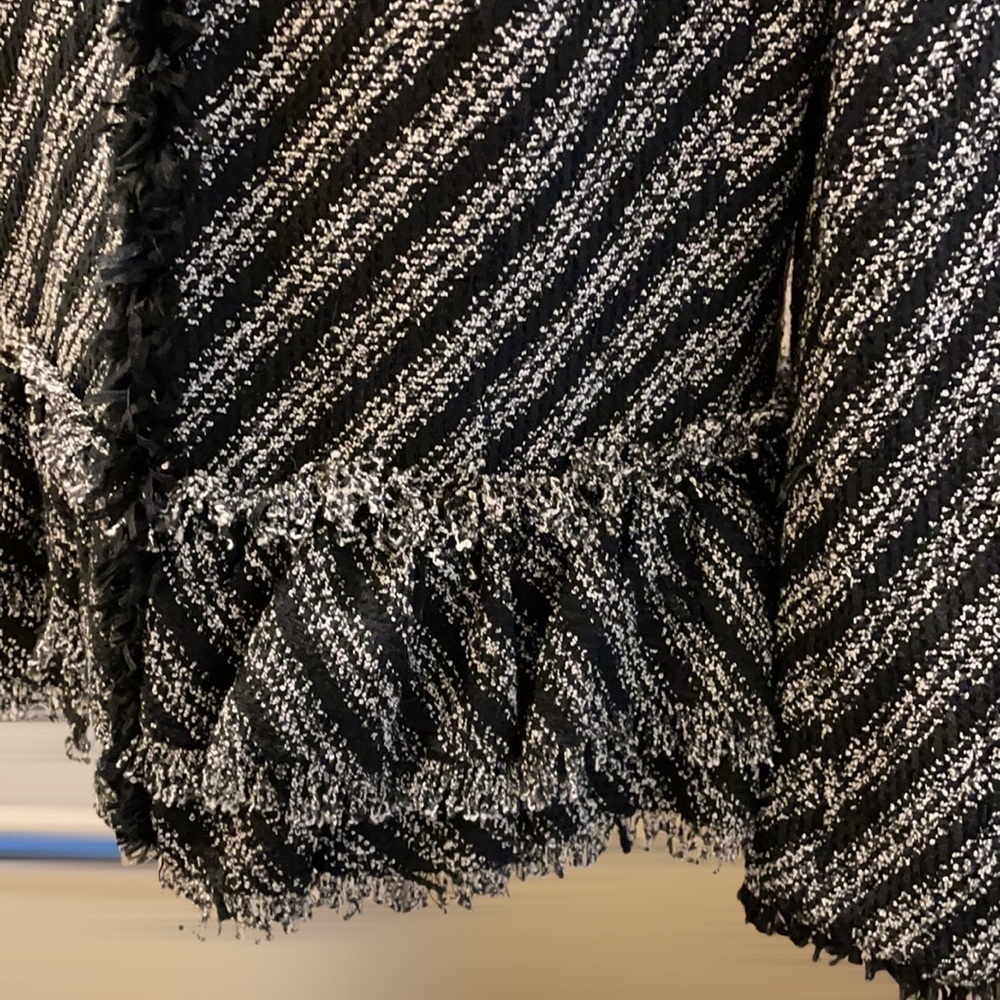 Ann Taylor Tweed Boucle Fringe Layered Peplum Jacket Black/White - Picture 5 of 10